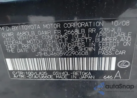 2009 Lexus Es 350 from USA, damaged, VIN JTHBJ46G592290608
